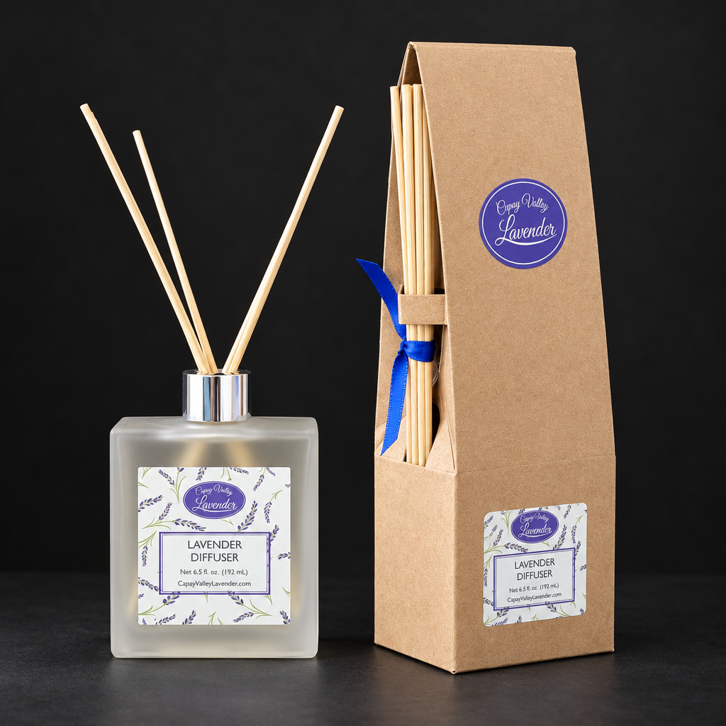 Giftable diffuser and kraft packaging on a dark background