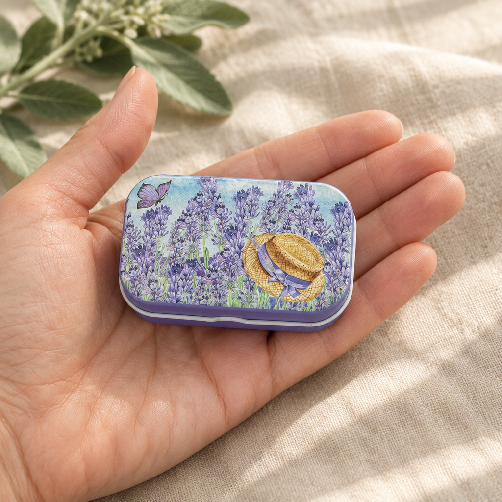 Bee Calm Balm lavender tin resting in an open palm to show its compact size