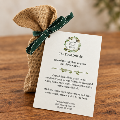 Burlap gift bag with green ribbon and card