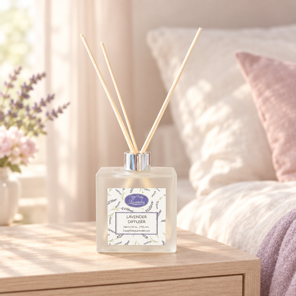 Lavender diffuser in a soft bedroom setting