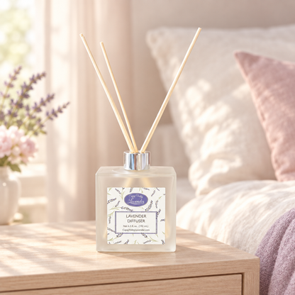 Lavender diffuser in a soft bedroom setting
