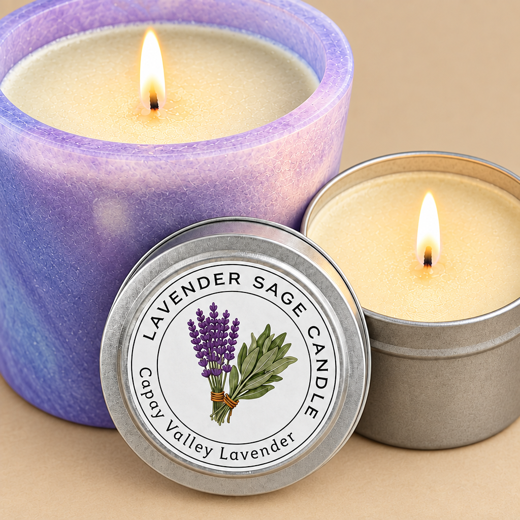 Tightly cropped Lavender Sage Candle in a Tin set